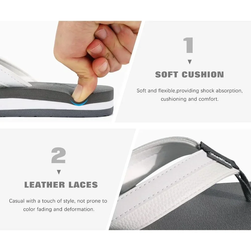 👉 Men's Flip Flop Sandal White Gray Leather Slip On Arch Support Comfort Shoes